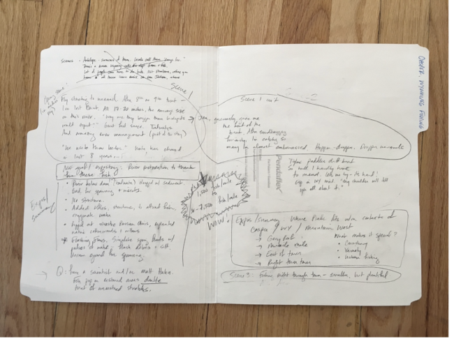 The inside of a manila folder scribbled with notes for a story by nonfiction author Kim Cross